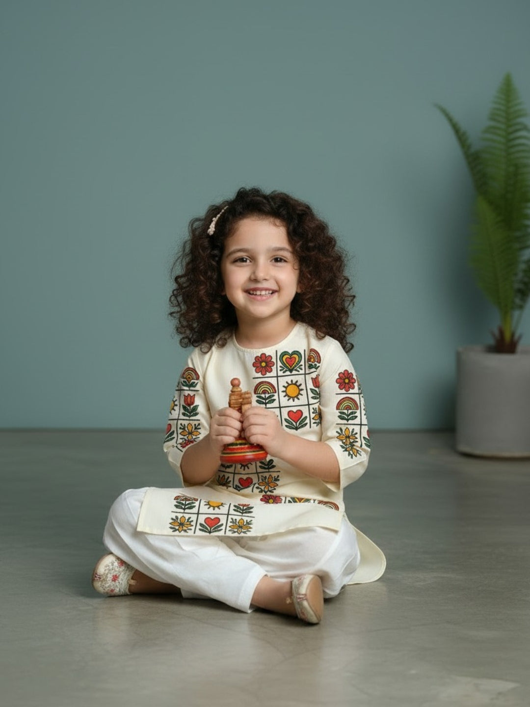 [DGKS-MGSP-RN] Girls Beige Ethnic Motifs Printed Cotton Kurti Set