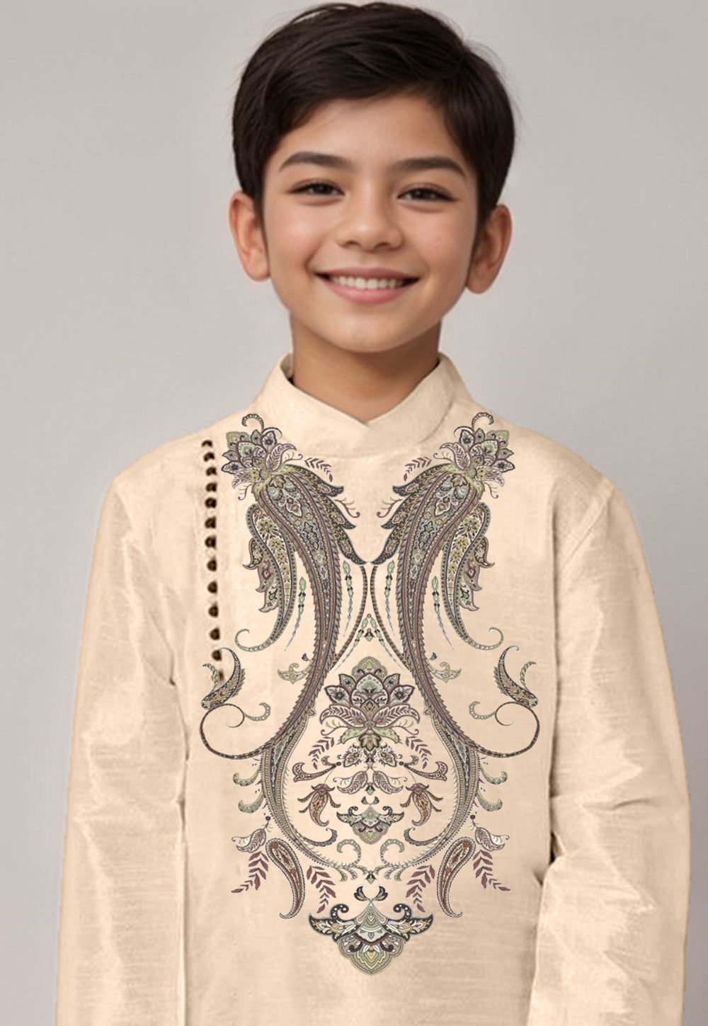 Boys Beige Printed Kurta With Dhoti