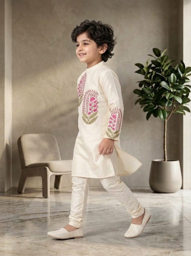 Boy's Off-White Art Silk Kurta Pyjama Set – Ethnic Print & Side Placket