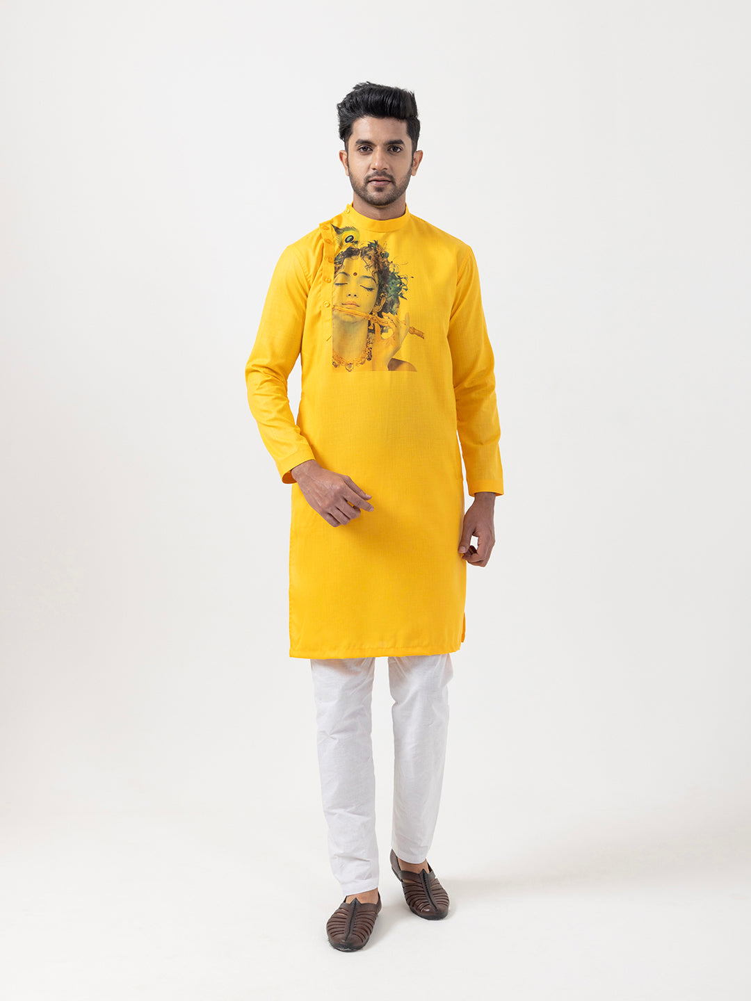 Men’s Yellow Cotton Kurta Pyjama with Lord Krishna Print