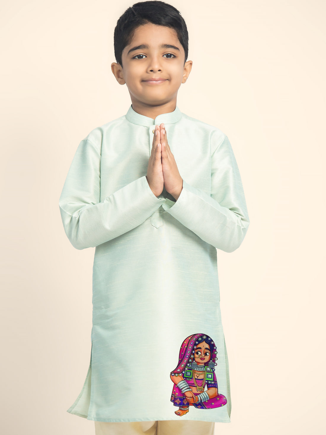 Boys Green Printed Kurta with Beige Pyjama Set