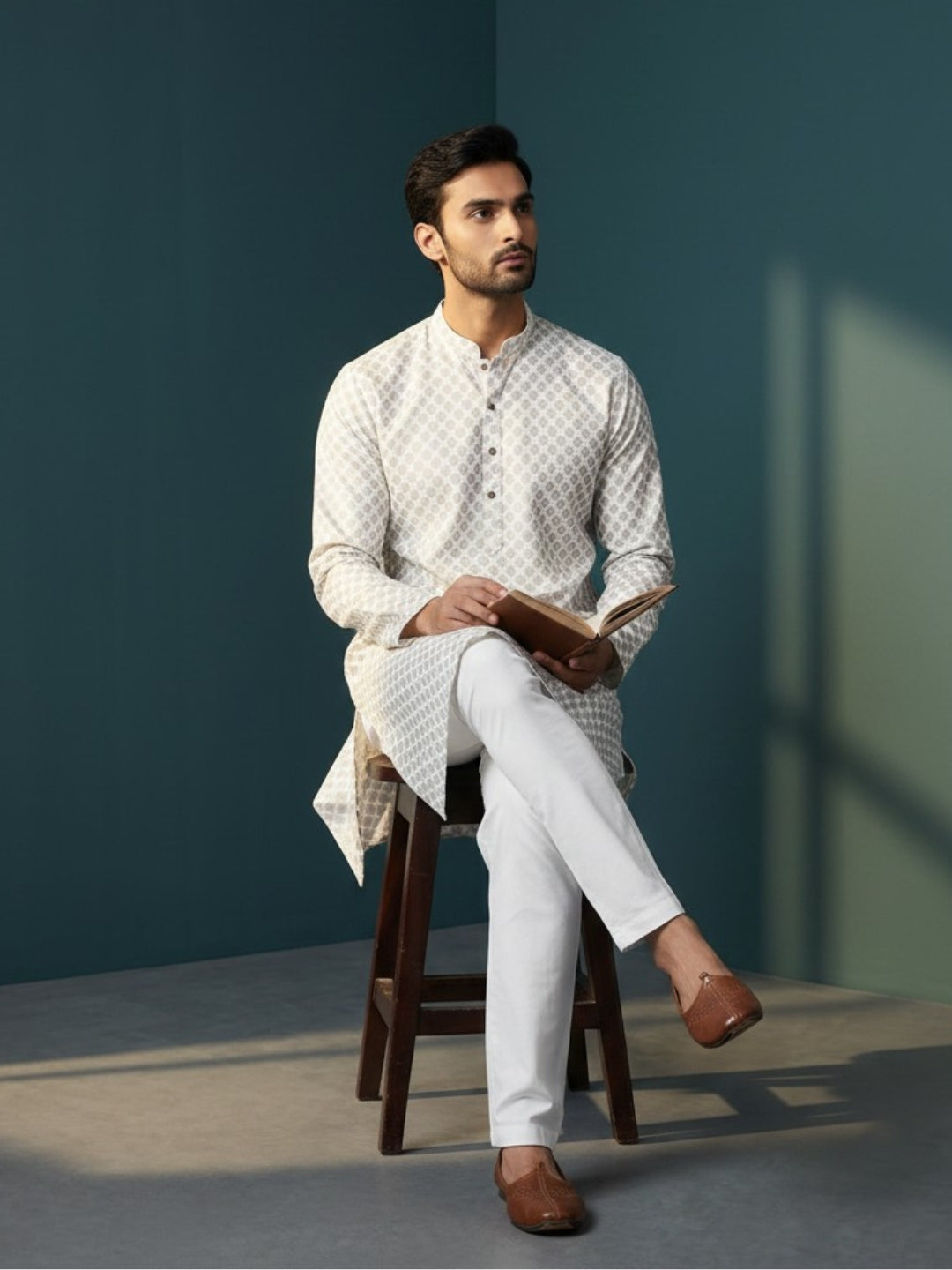 [PR] Men's White Ethnic Motif Cotton Kurta Set