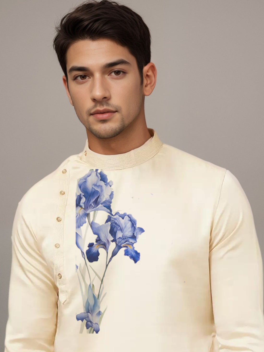 Floral Printed Thread Work Mandarin Collar Side Placket Cotton Straight Kurta With Pyjama Set