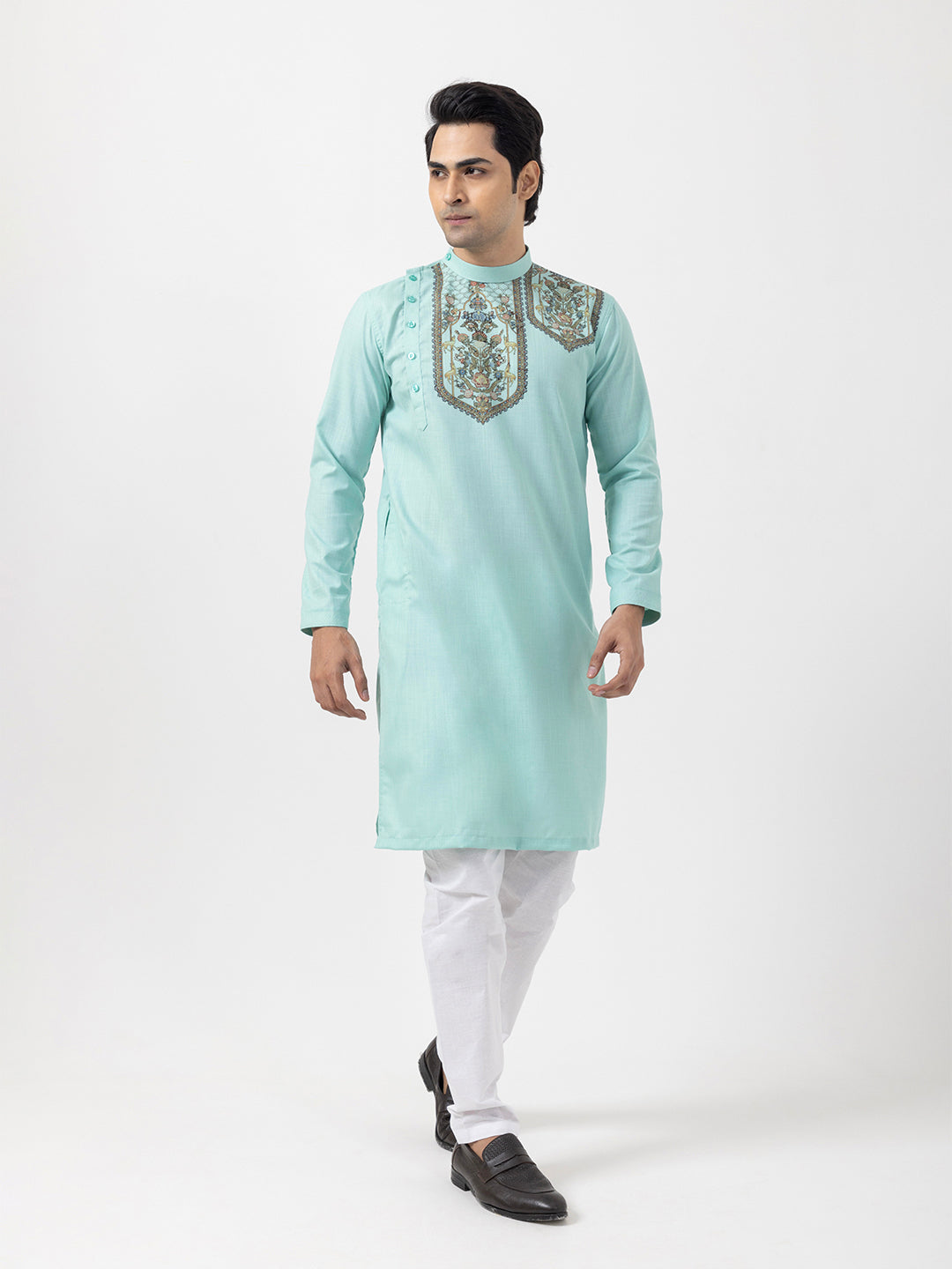 [MGSP-B] Men's Green Ethnic Print Side Placket Cotton Kurta Set