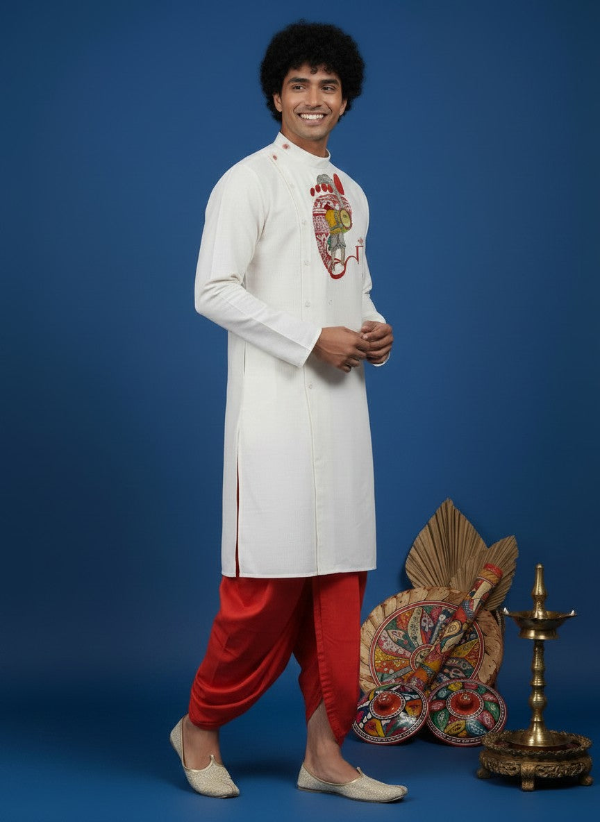 Men's White Cotton Kurta with Dhoti Set – Ethnic Print & Side Placket