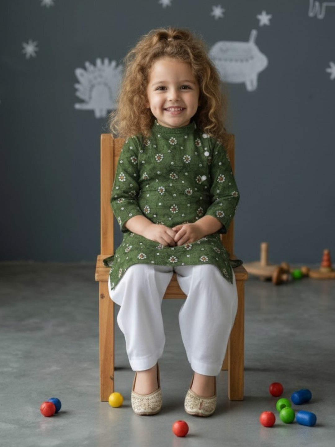 [DGKS-MGSP] Girls Green Ethnic motifs Printed Cotton Kurti Set