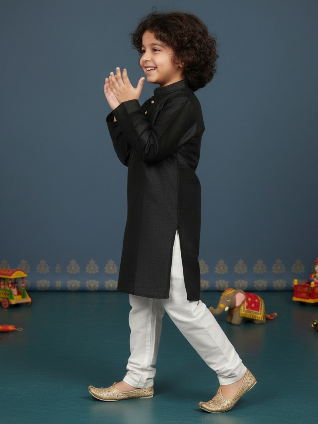 [DBKS-DP] Boy's Black Solid Art Silk kurta Set