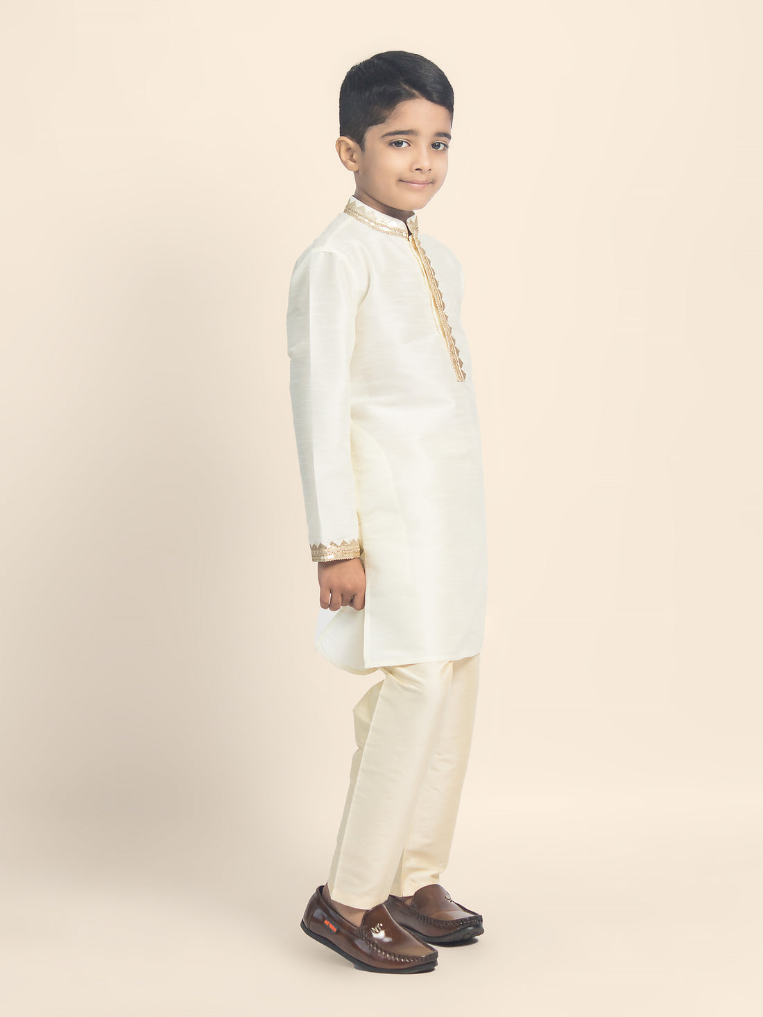 Boys Off White Solid Kurta Set