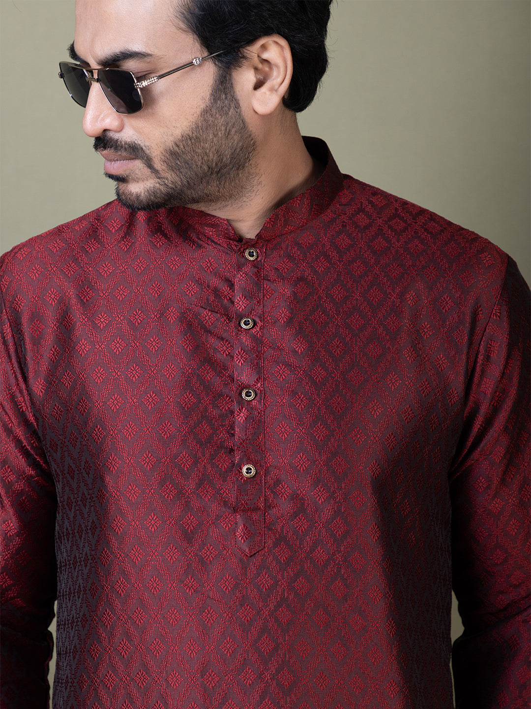 Geometric Woven Design Mandarin Collar Straight Kurta with Pyjama
