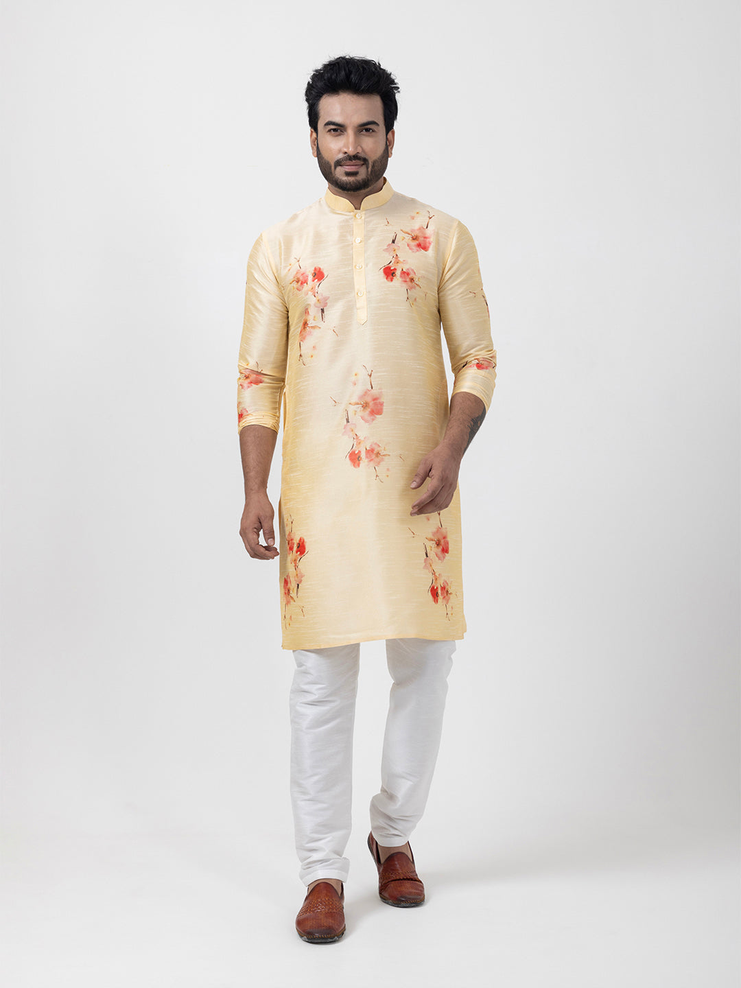 Mens Beige Floral Printed Kurta with Pyjama