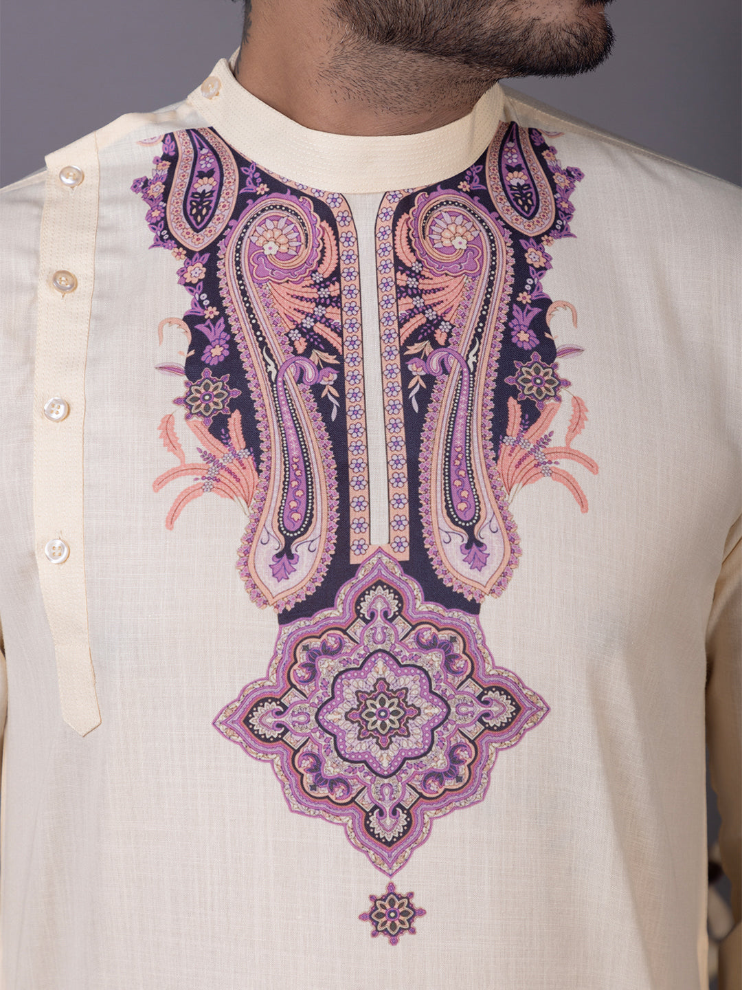 Mens Beige Side Placket Printed Kurta With Pyjama Set