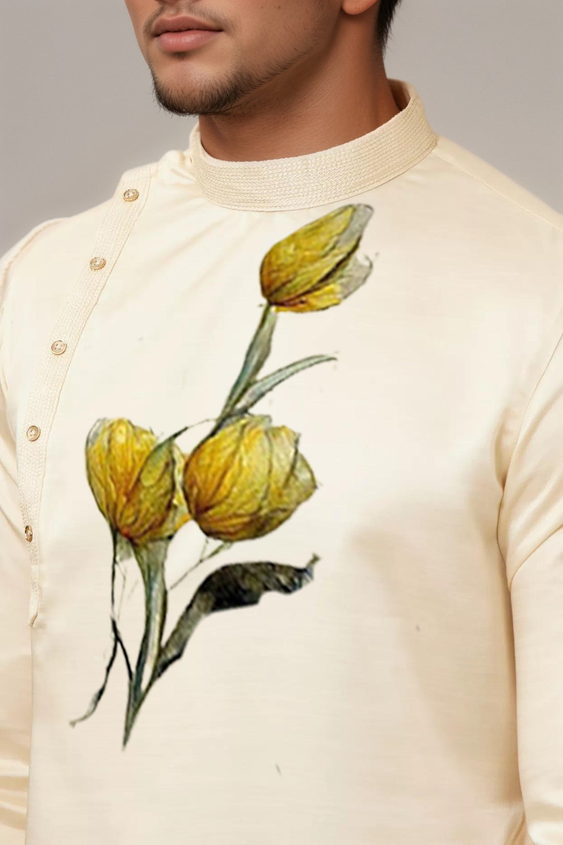 Floral Printed Thread Work Mandarin Collar Side Placket Cotton Straight Kurta With Pyjama Set