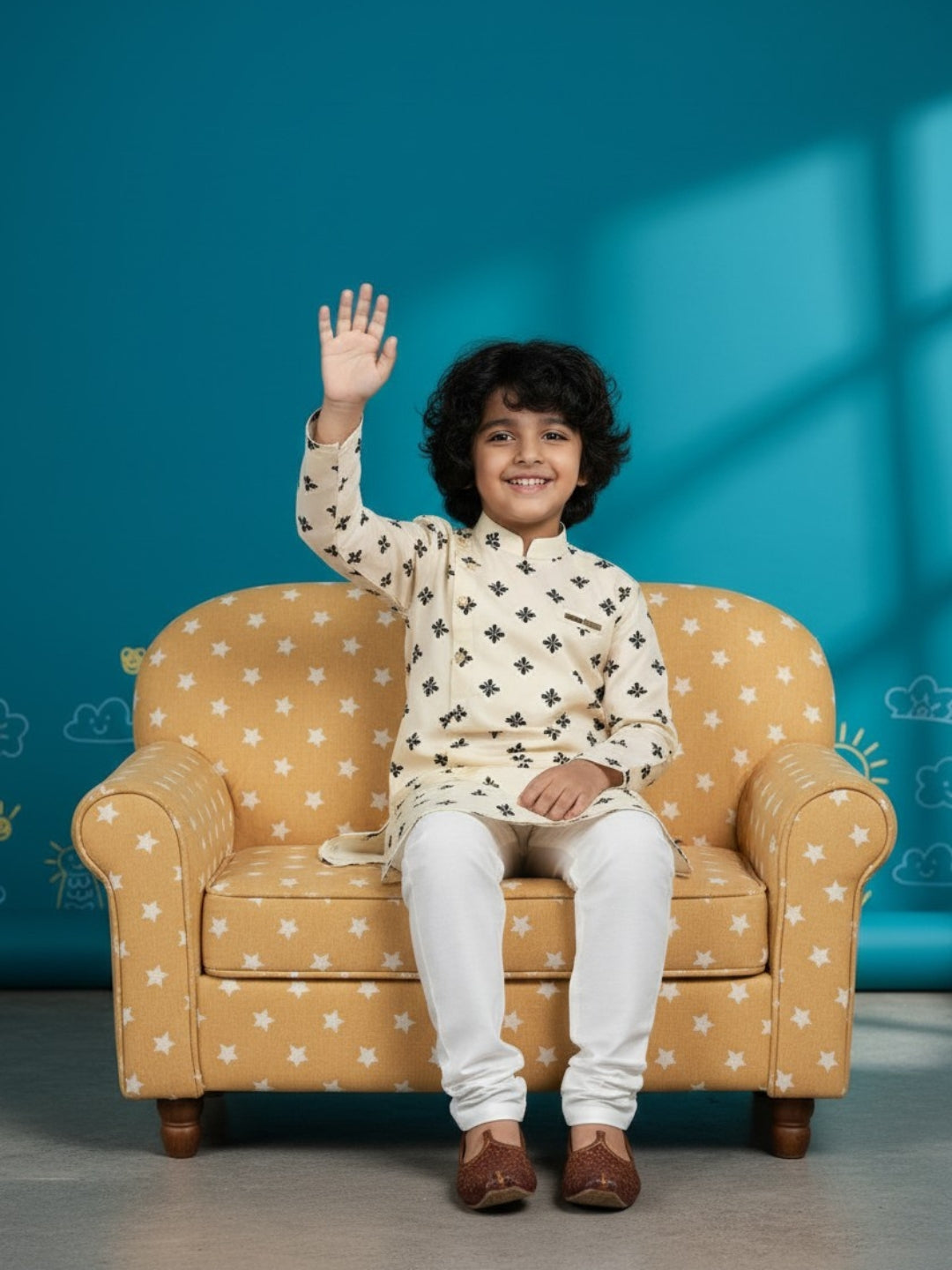 [DBKS-MGAO-B] Boy's Beige Ethnic motifs Printed cotton kurta Set