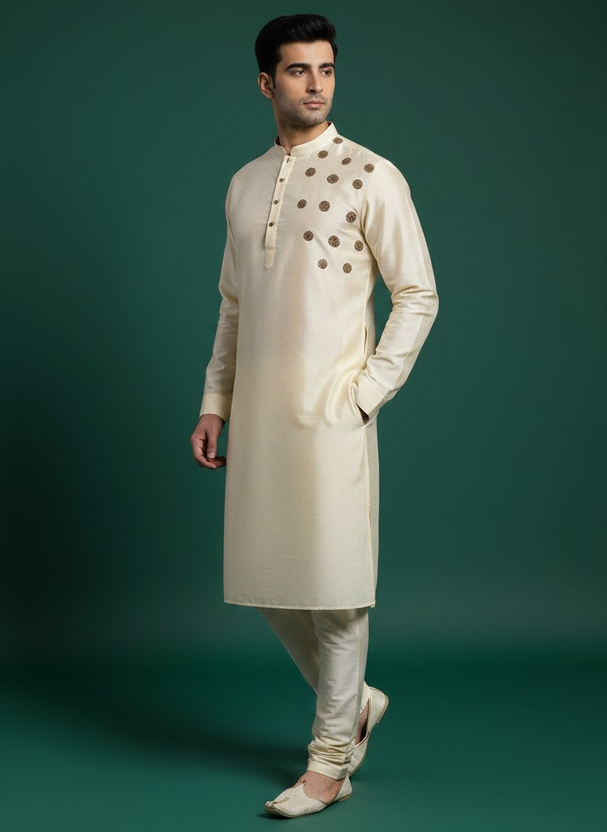 Men's Beige Pure Silk Kurta Set – Ethnic Print & Side Placket