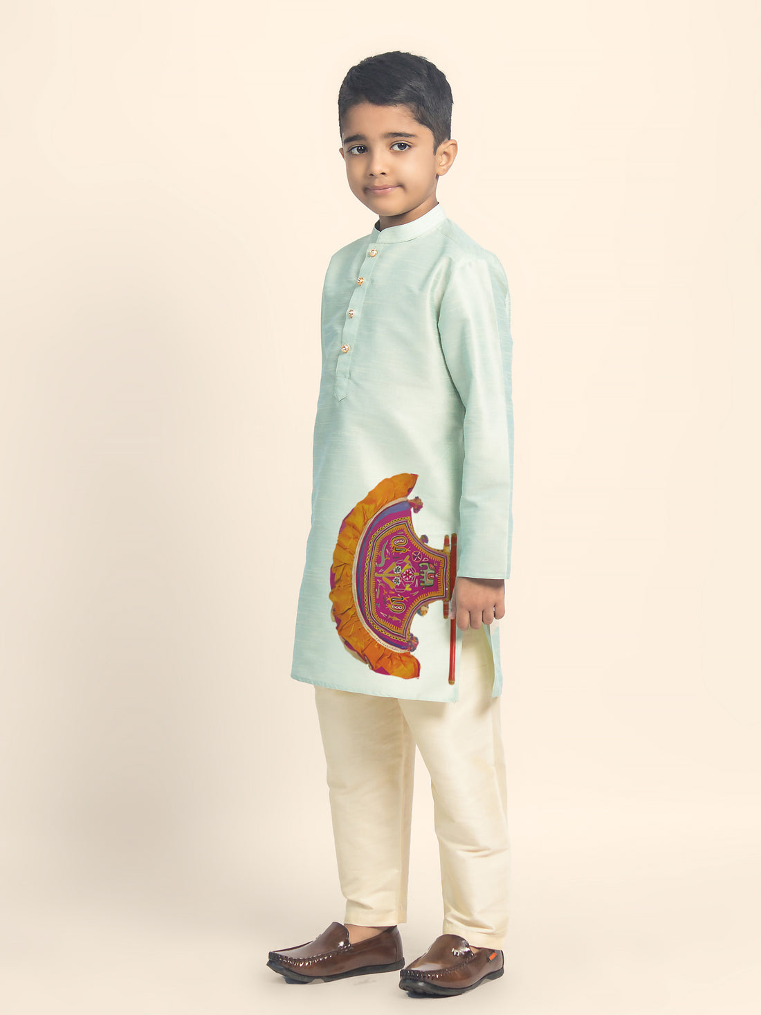 Boys Green Printed Kurta with Beige Pyjama Set