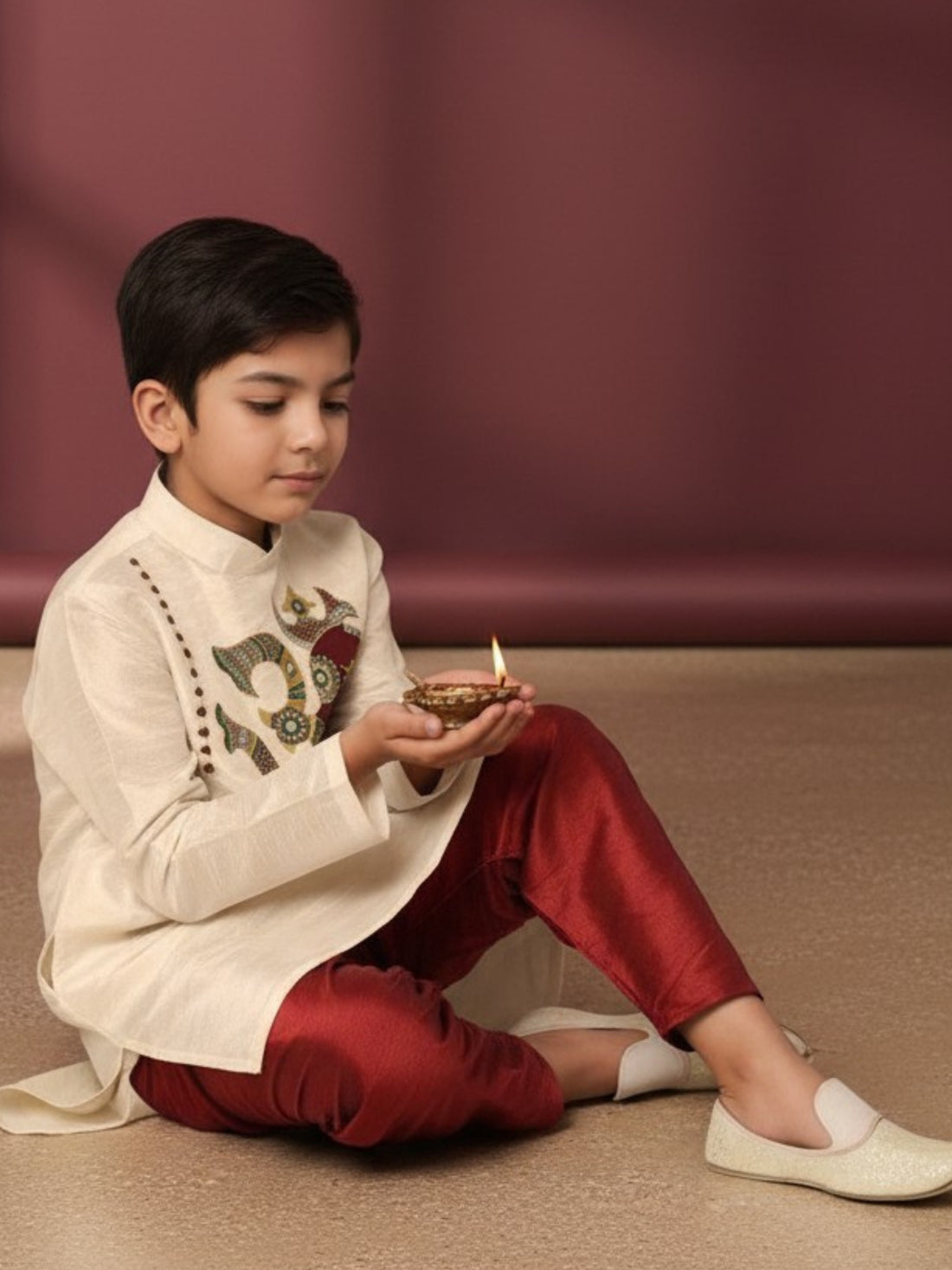 [DBKS-DPSP-B] Boy's Beige Ethnic motifs Print Art Silk kurta Set