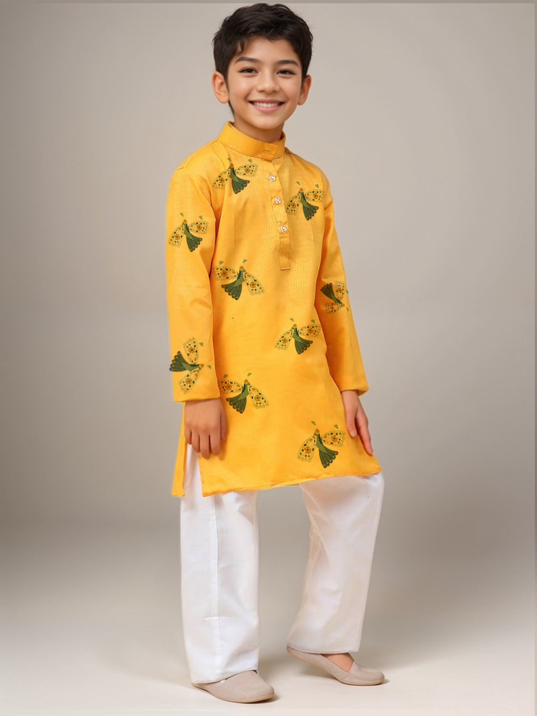Boys Yellow Printed Kurta with Pyjama Set