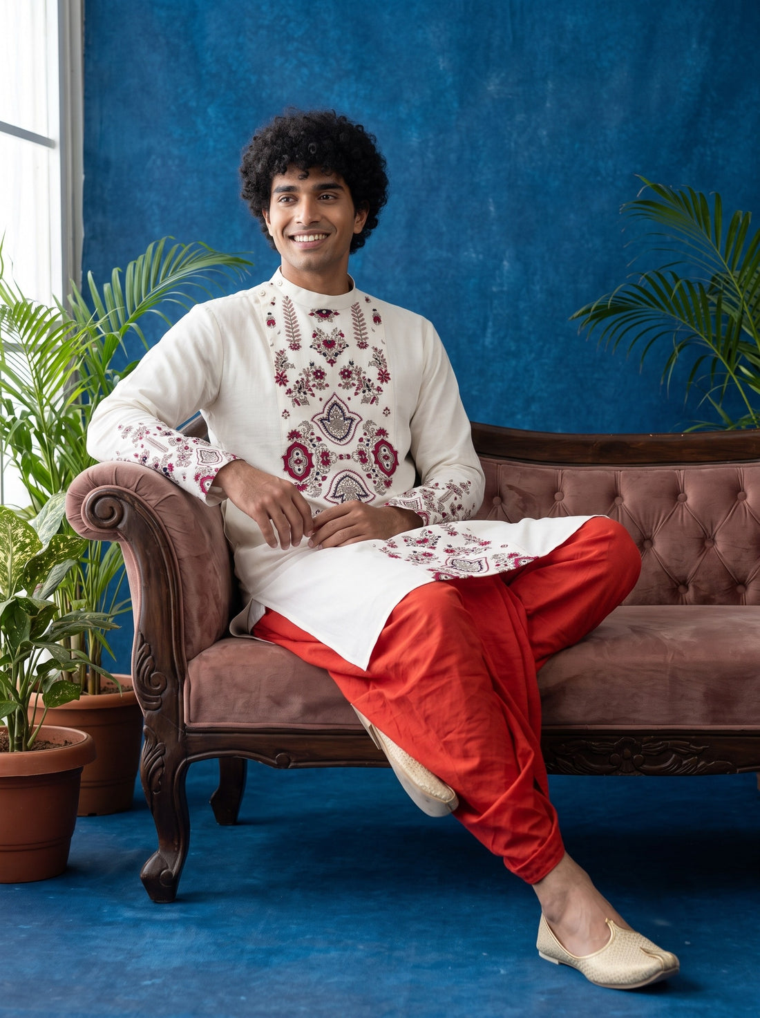 Men's White Cotton Kurta with Dhoti Set – Ethnic Print & Side Placket
