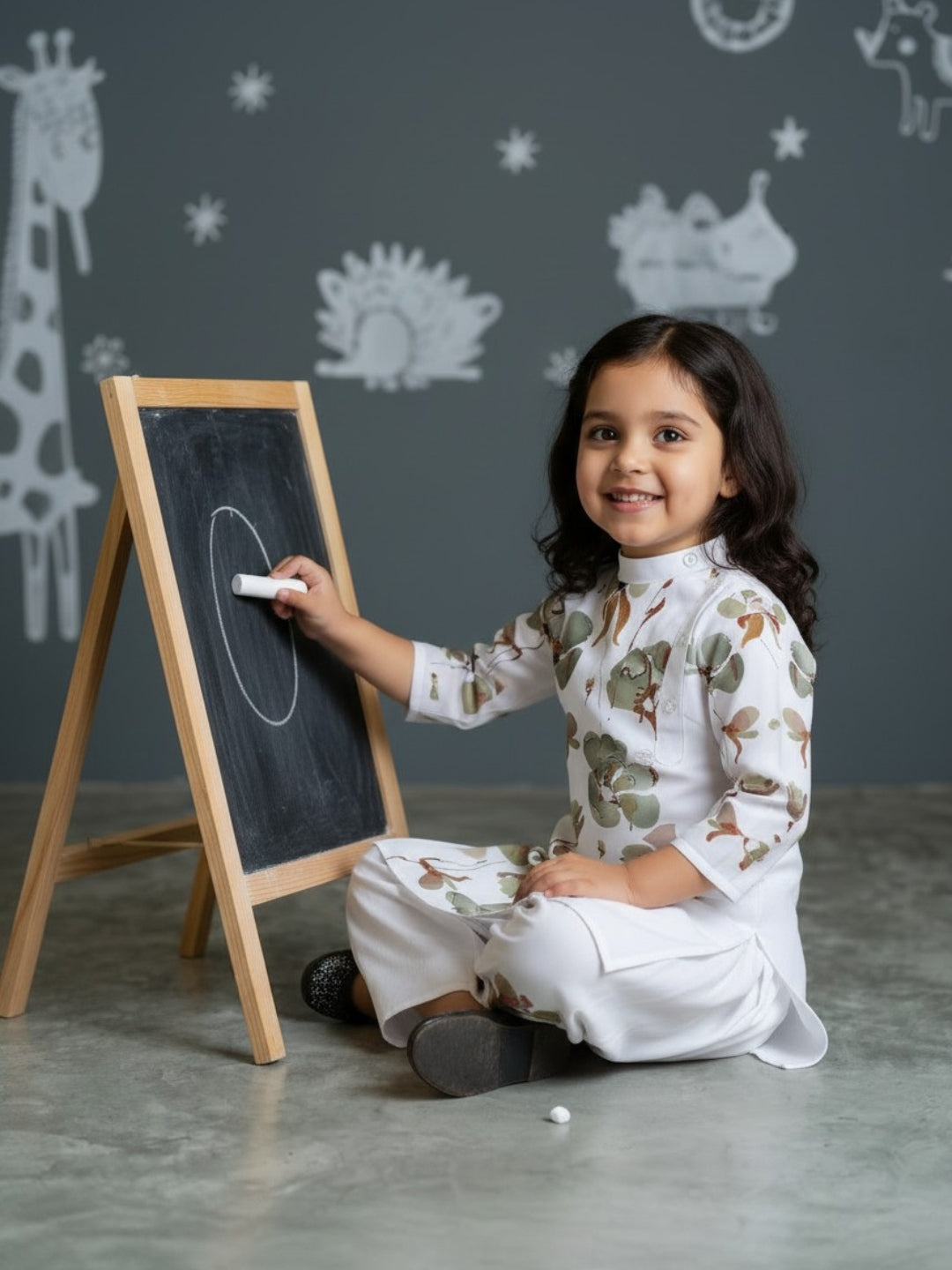 [DGKS-MGSP-B] Girls White Ethnic Motifs Printed Cotton Kurti Set