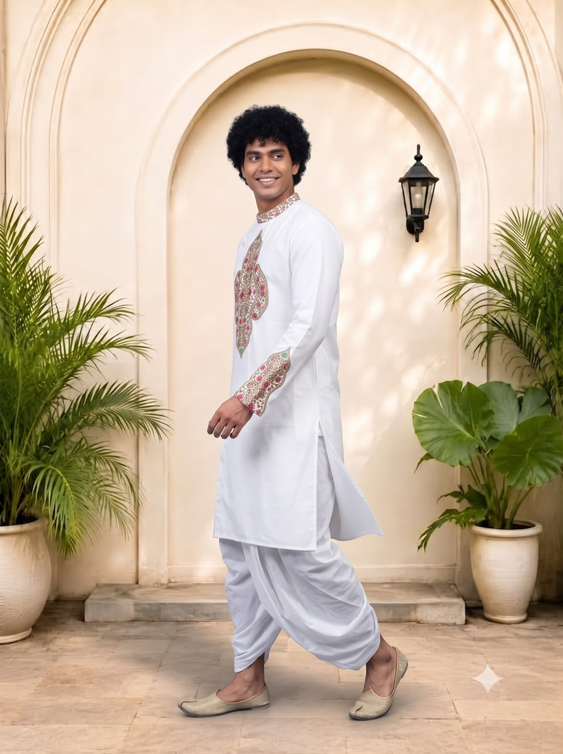 Men's White Cotton Kurta with Dhoti Set – Ethnic Print & Side Placket