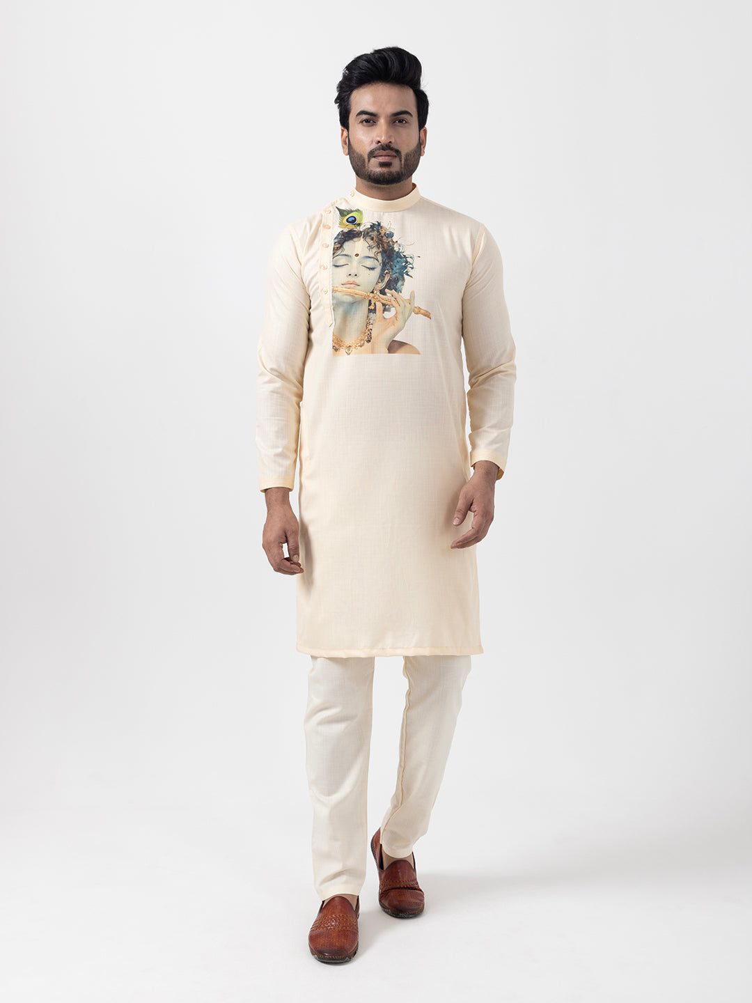 Mens Beige Side Placket Printed Kurta With Pyjama Set