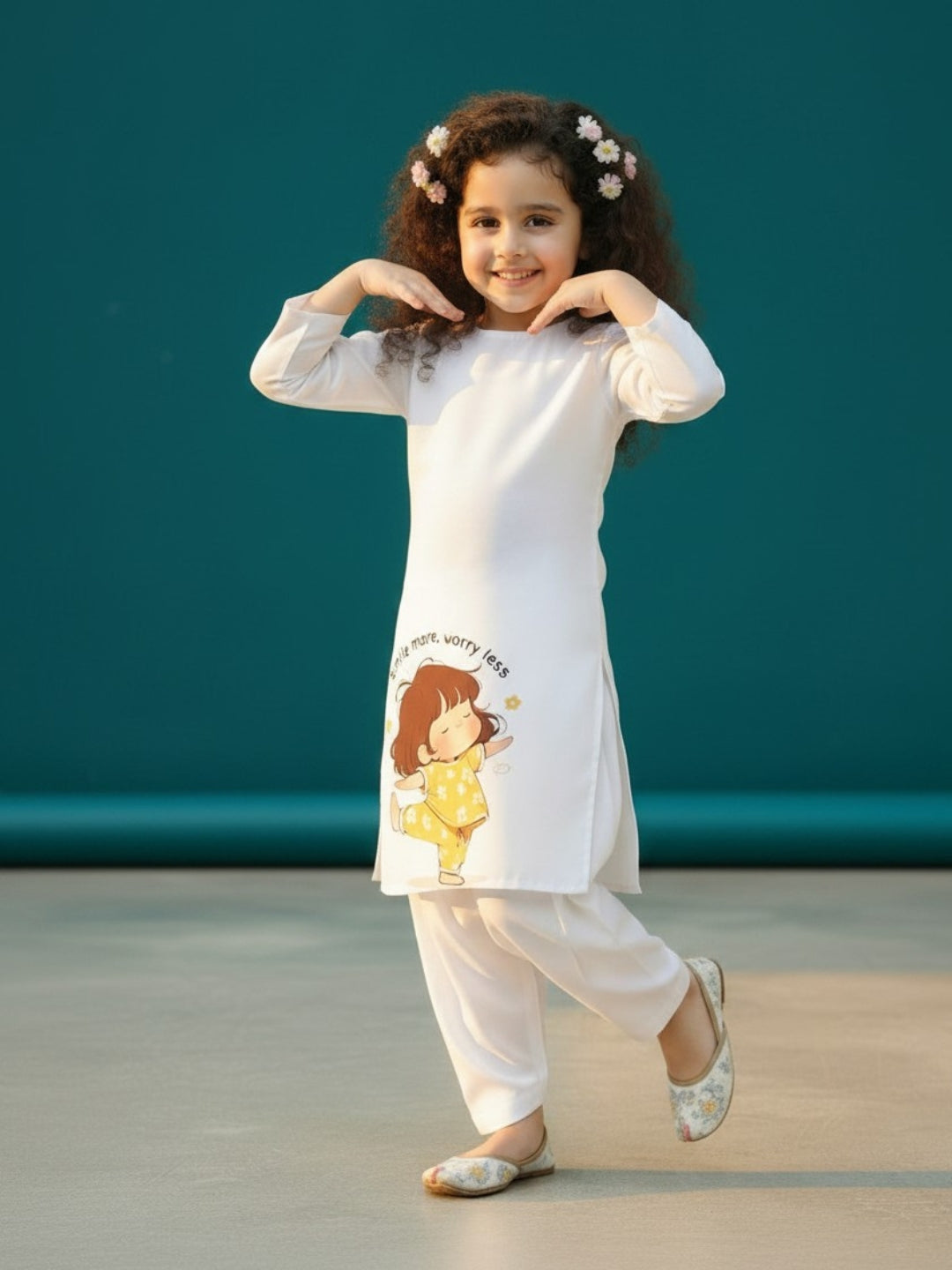 [DGKS-MGSP-RN] Girls White Ethnic Motifs Printed Cotton Kurti Set