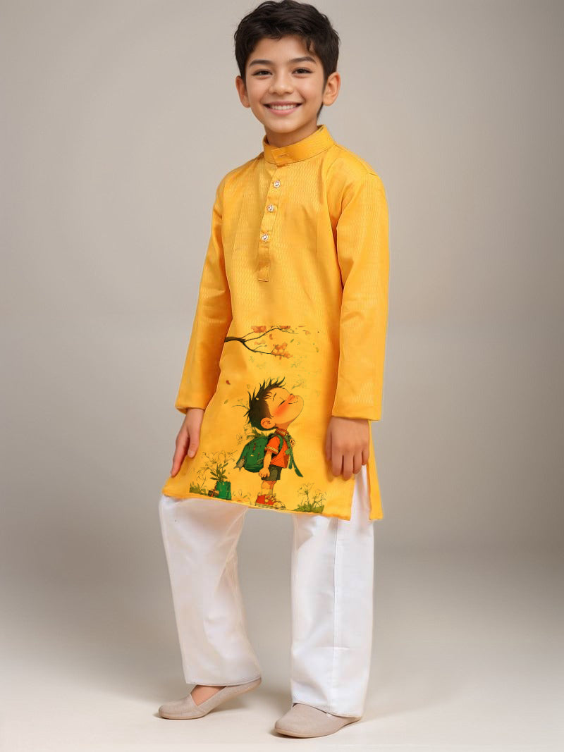 Boys Yellow Printed Kurta with Pyjama Set