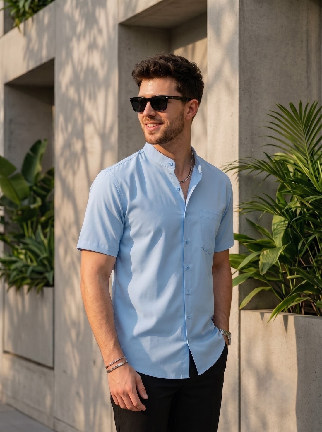 [DS-C-MG] Men's Blue chinese collar Cotton Shirt