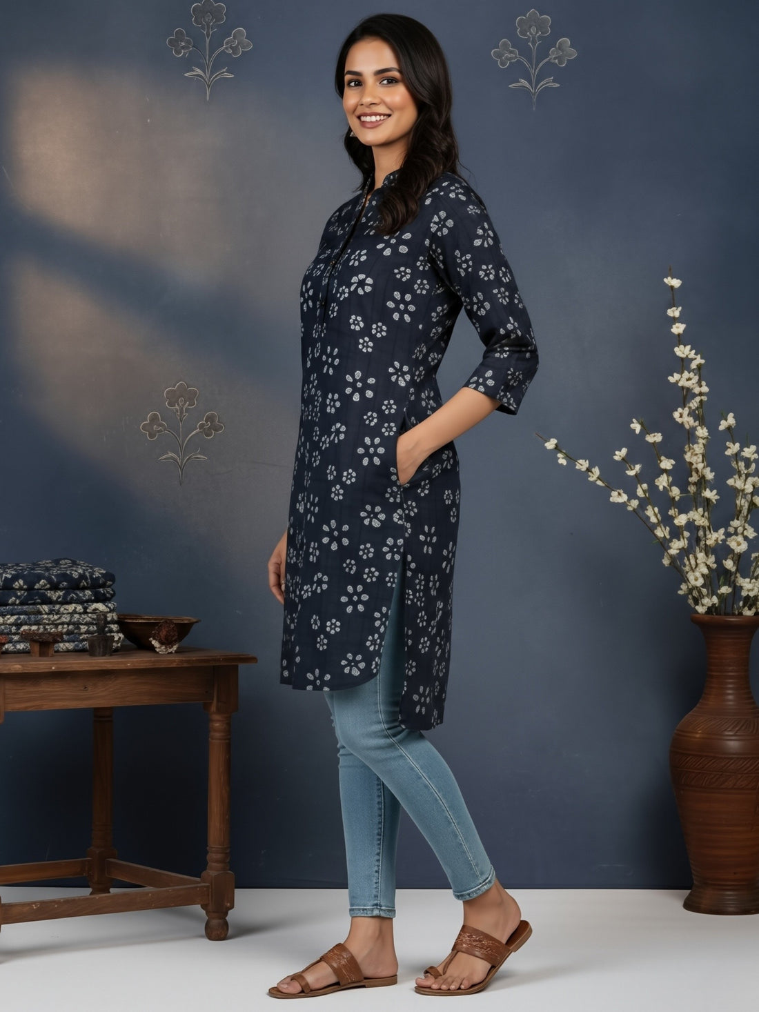 [DWKS-BT] Women Black Printed Cotton Kurti Set