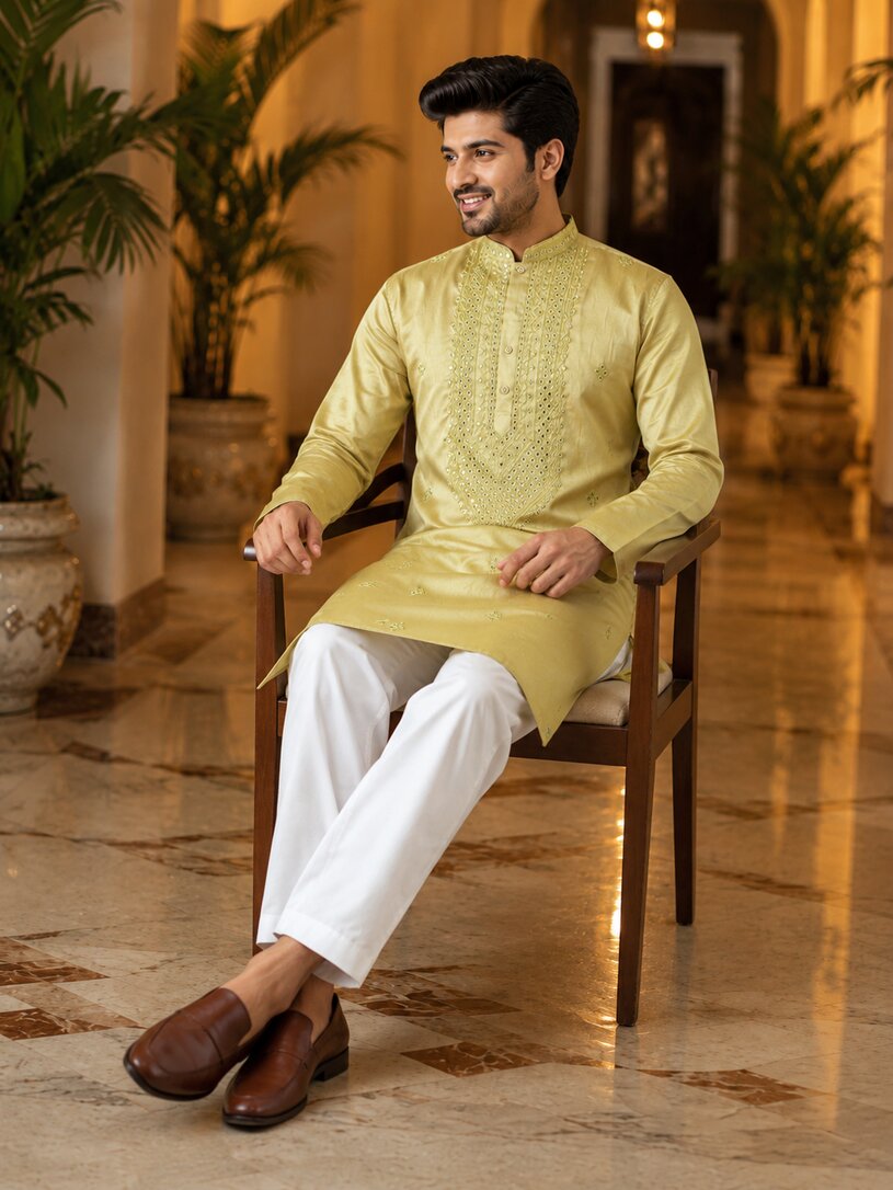 [NW] Men's Olive Green Embroidered Cotton Silk Kurta Set