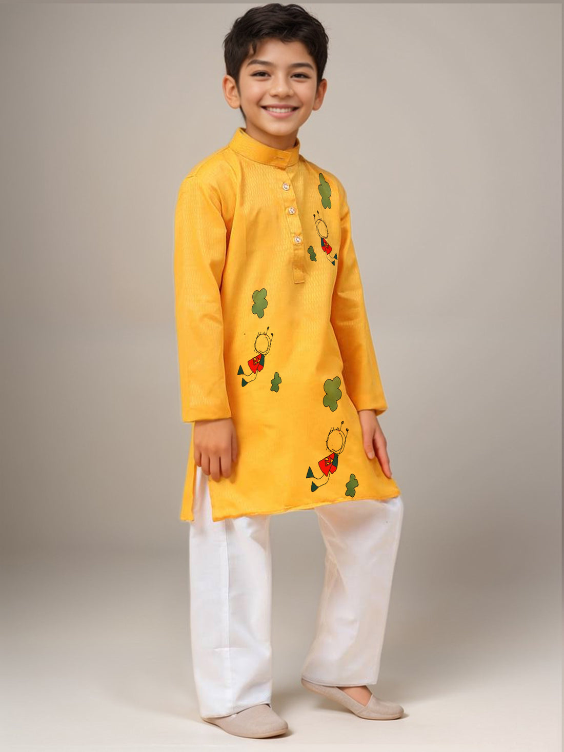 Boys Yellow Printed Kurta with Pyjama Set