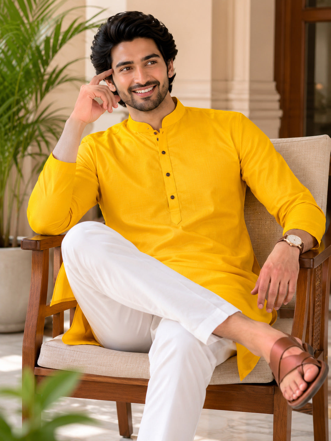 [SB] Men's Yellow Solid Cotton Kurta Set