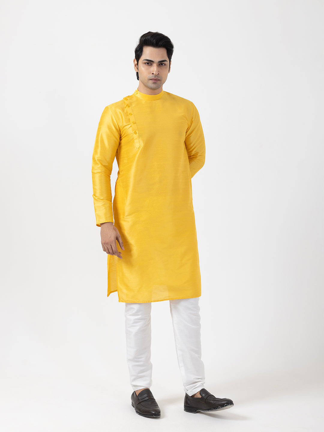 Men Solid Dupion Silk Angrakha Kurta With Pyjama Set