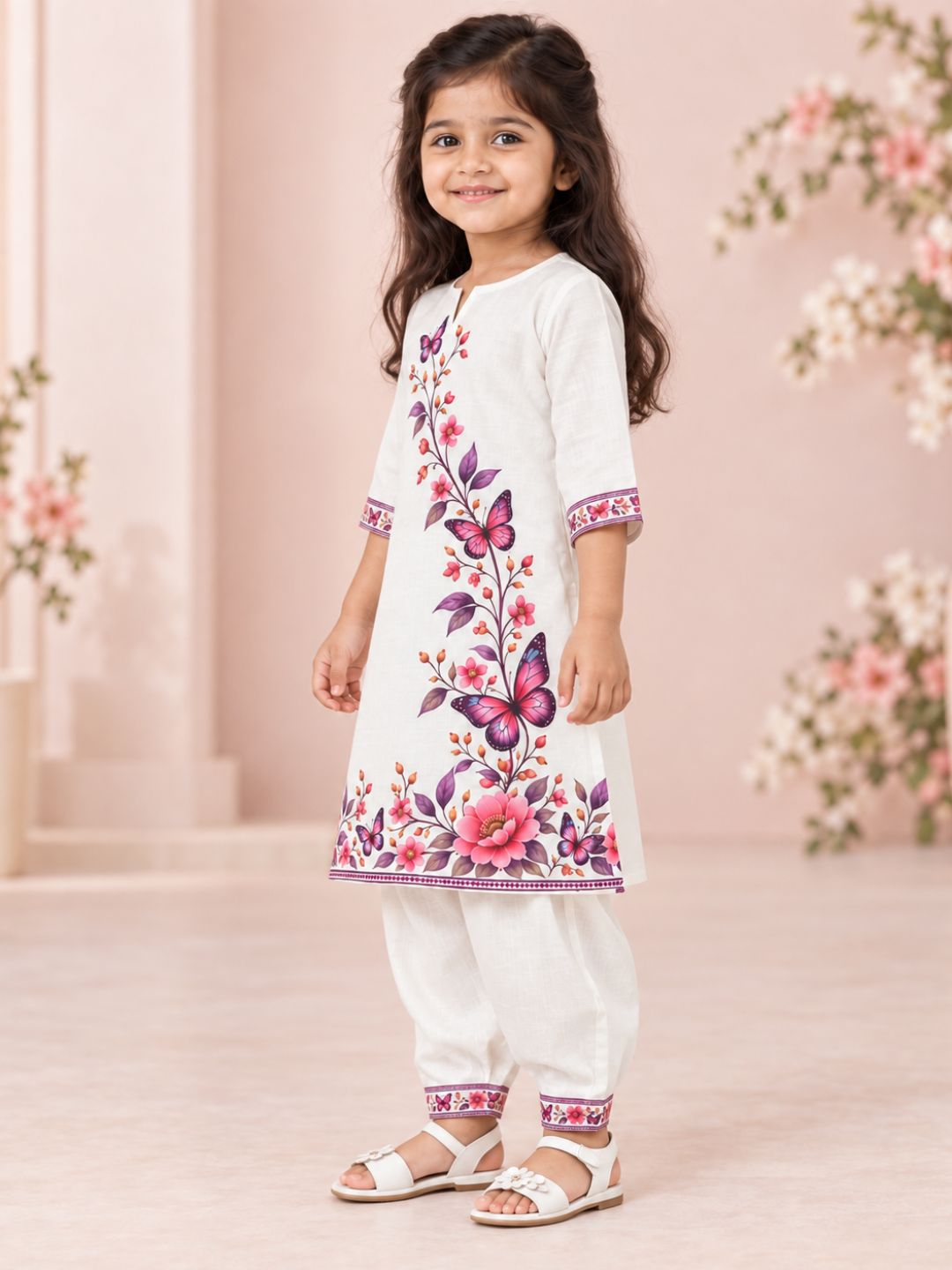 Girls' Beige Cotton Kurti Set – Printed