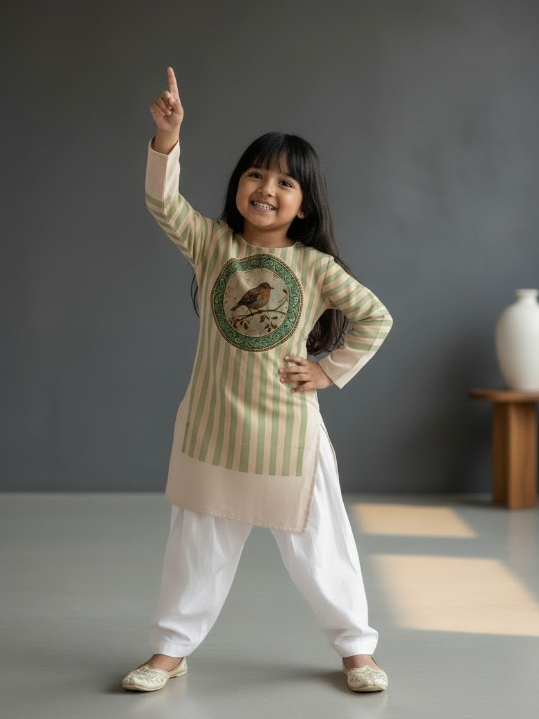 [DGKS-MGSP-RN] Girls Beige Ethnic Motifs Printed Cotton Kurti Set