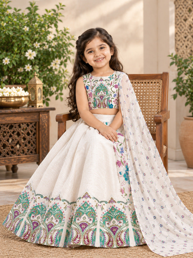 Girls' Off-White Art Silk Lehenga Set – Printed
