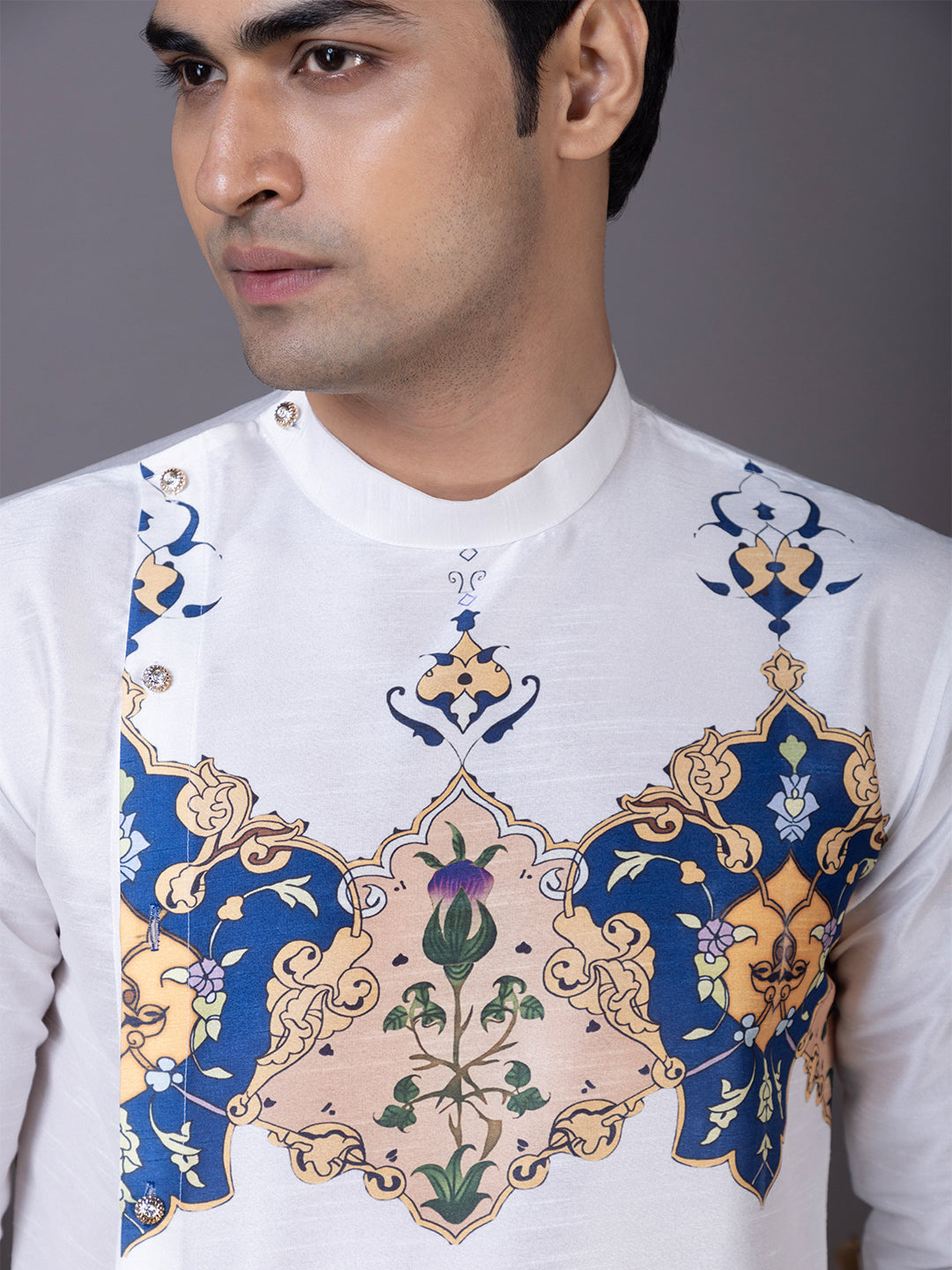 Men’s White Dupion Silk Kurta Pyjama with Printed Pattern