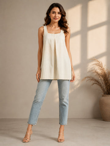 Women's Beige Cotton Linen Tunic Top – Sleeveless Square Neck