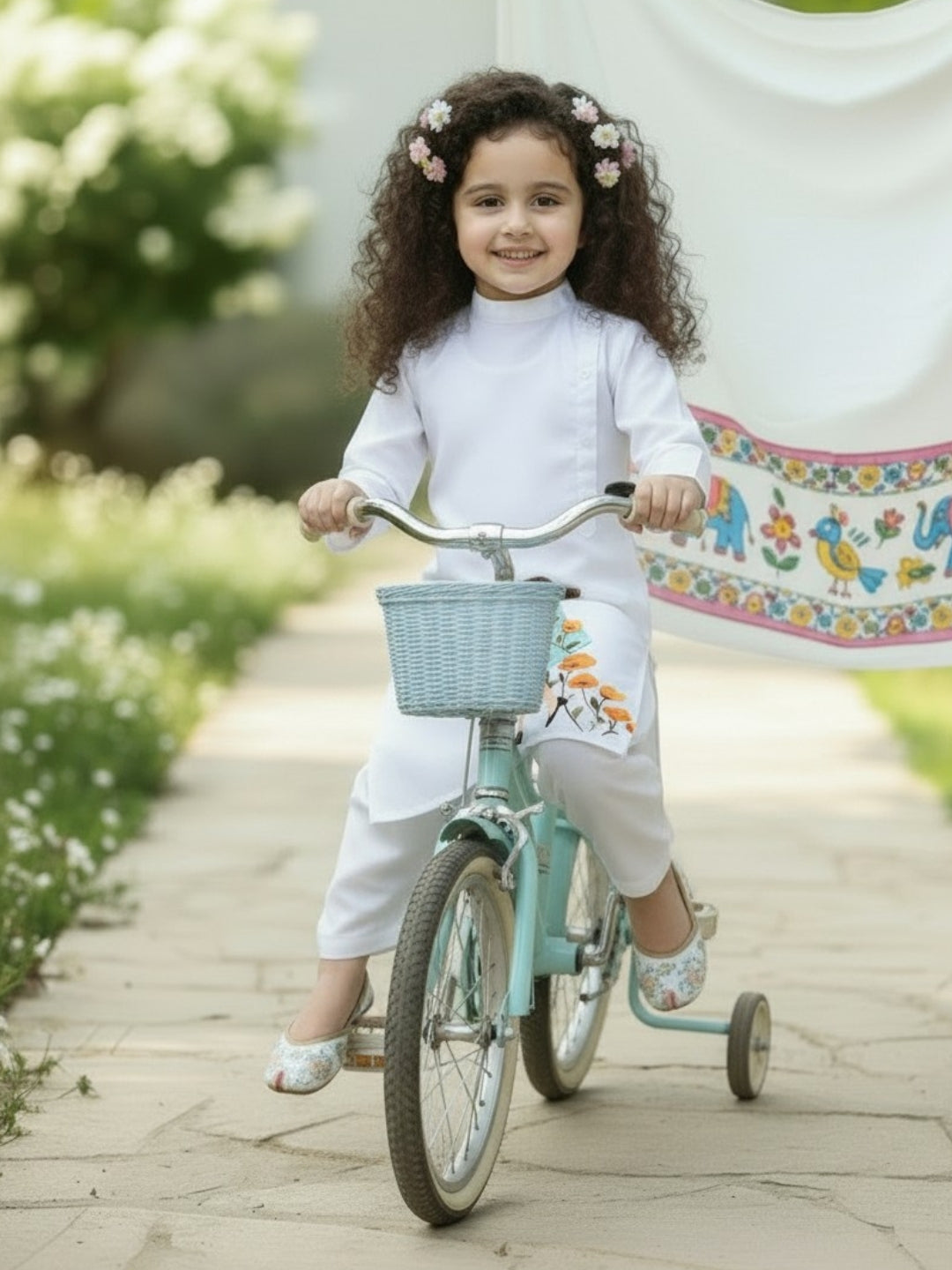 [DGKS-MGSP-B] Girls White Ethnic motifs Printed Cotton Kurti Set