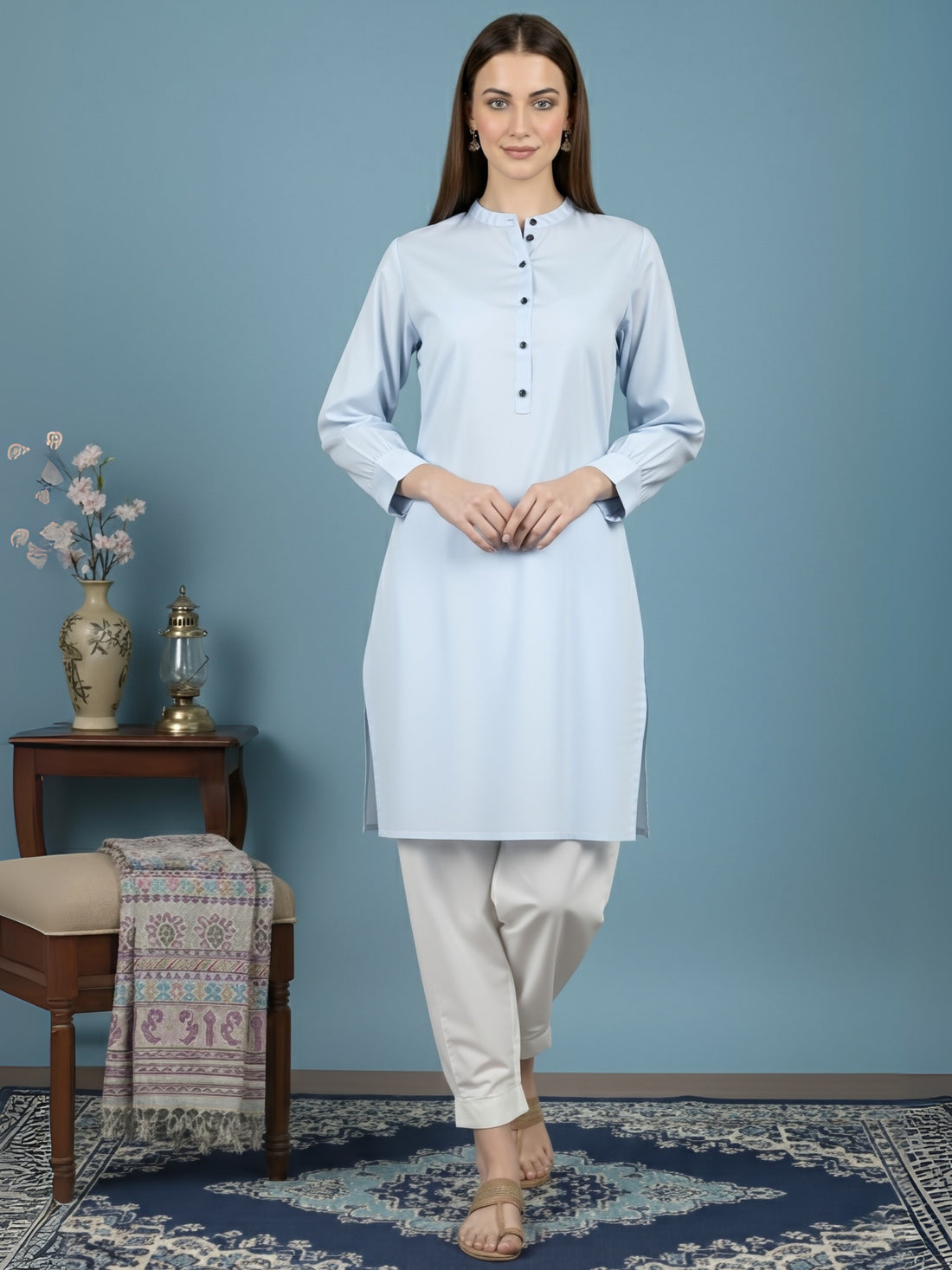 [DWKS-MG] Women Sky Blue Solid Cotton Kurti Set