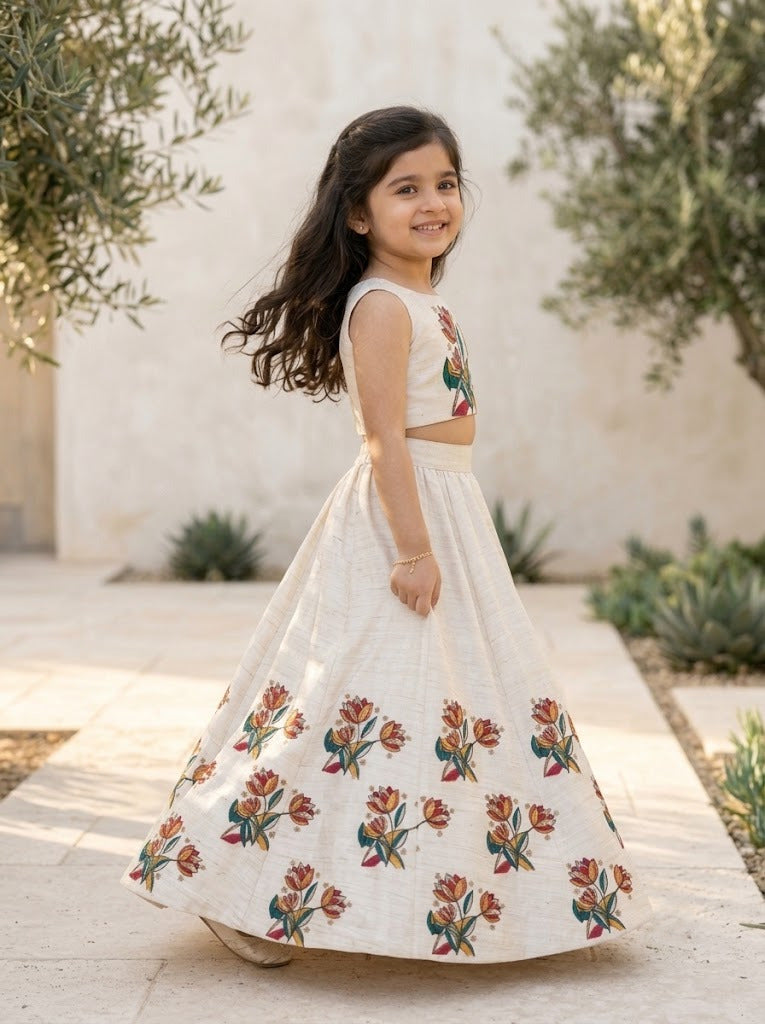 Girls' Off-White Art Silk Lehenga Set – Printed
