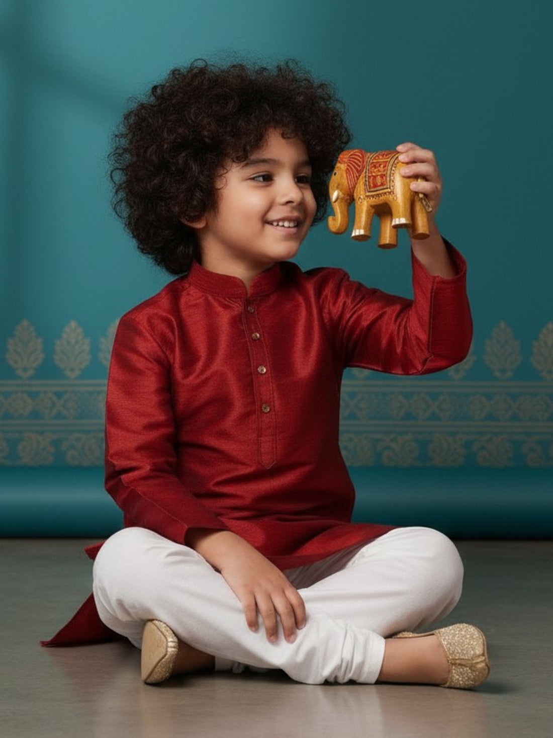 [DBKS-DP] Boy's Red Solid Art Silk kurta Set