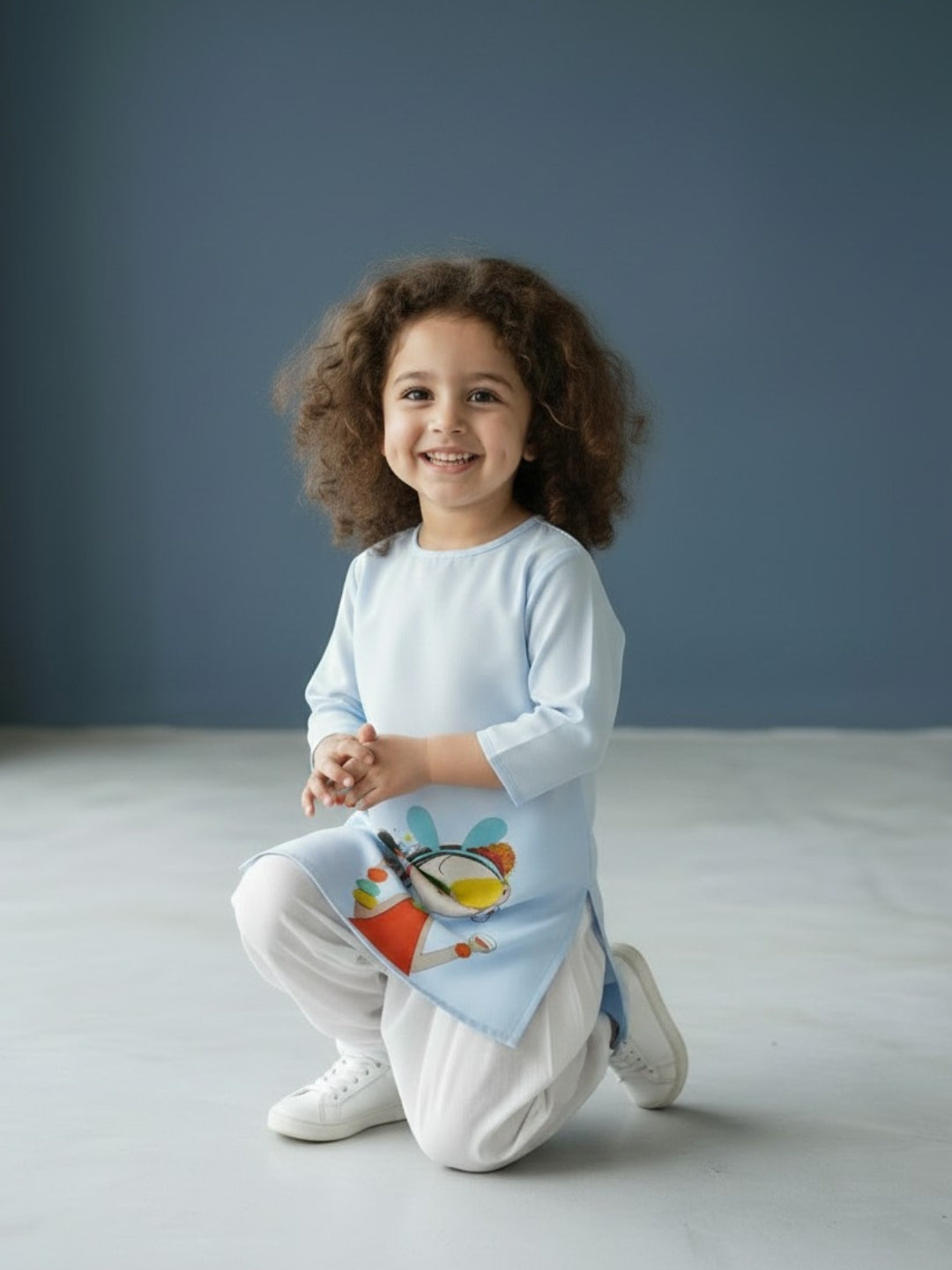 [DGKS-MGSP-RN] Girls Sky Blue Ethnic Motifs Printed Cotton Kurti Set