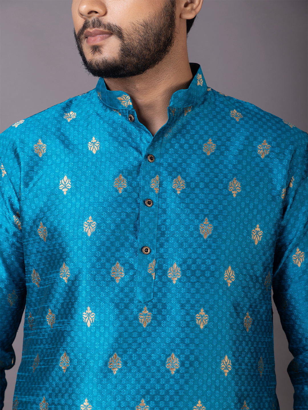 Men Mandarin Collar Jacquard Kurta with Pyjama