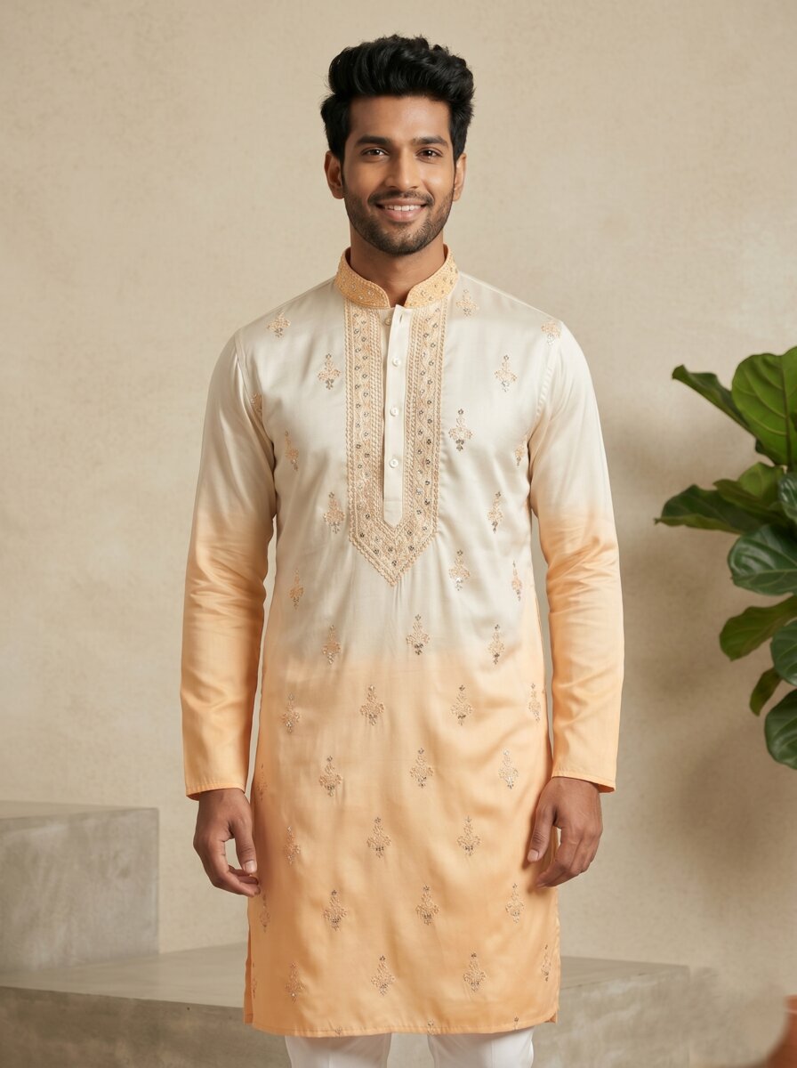 [NW] Men's Multi Colour Embroidered Cotton Silk Kurta Set