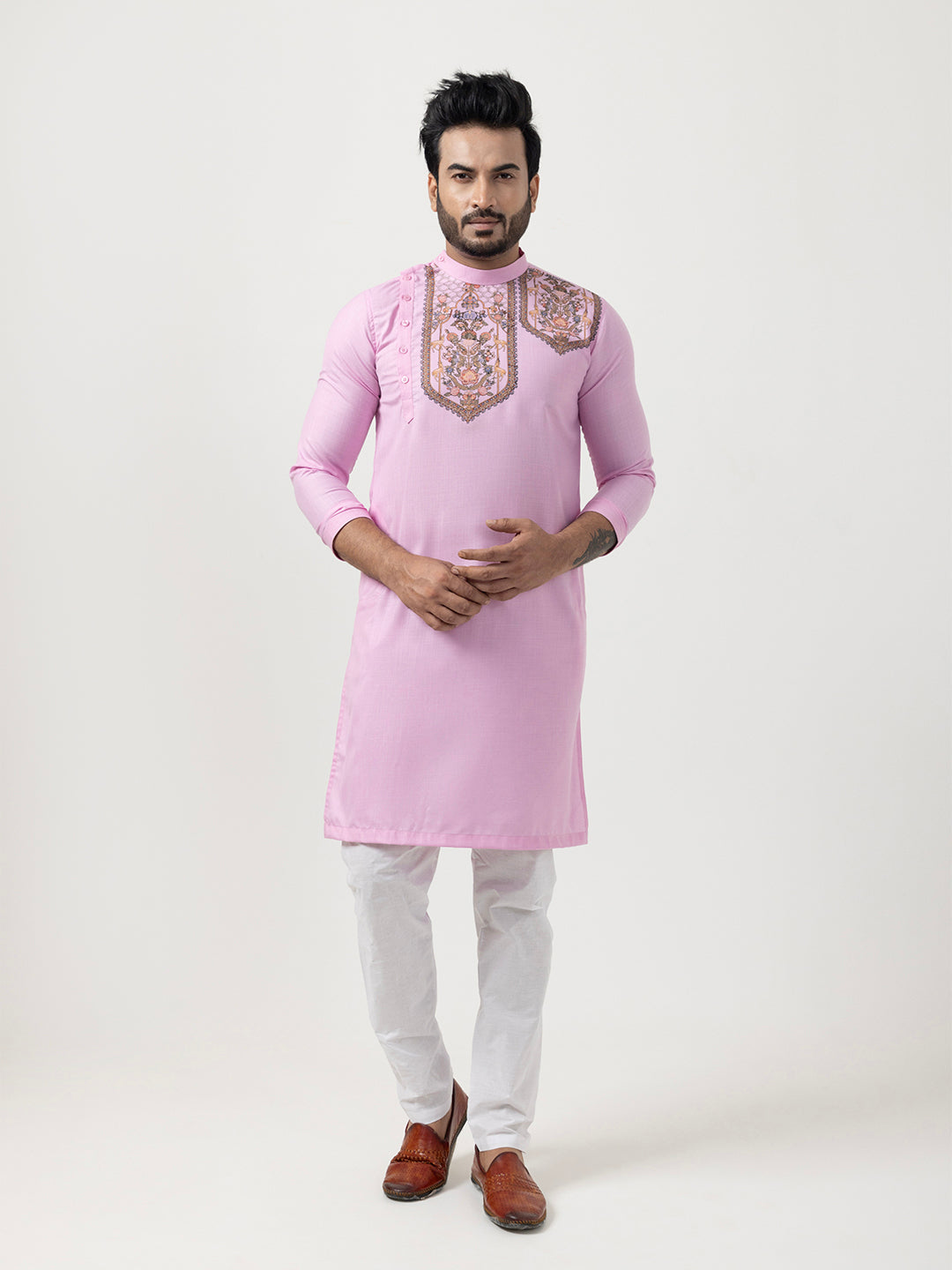 Mens Pink Printed Kurta Pyjama Set