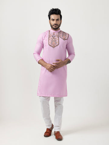 Men's Pink Cotton Kurta Set – Ethnic Print & Side Placket