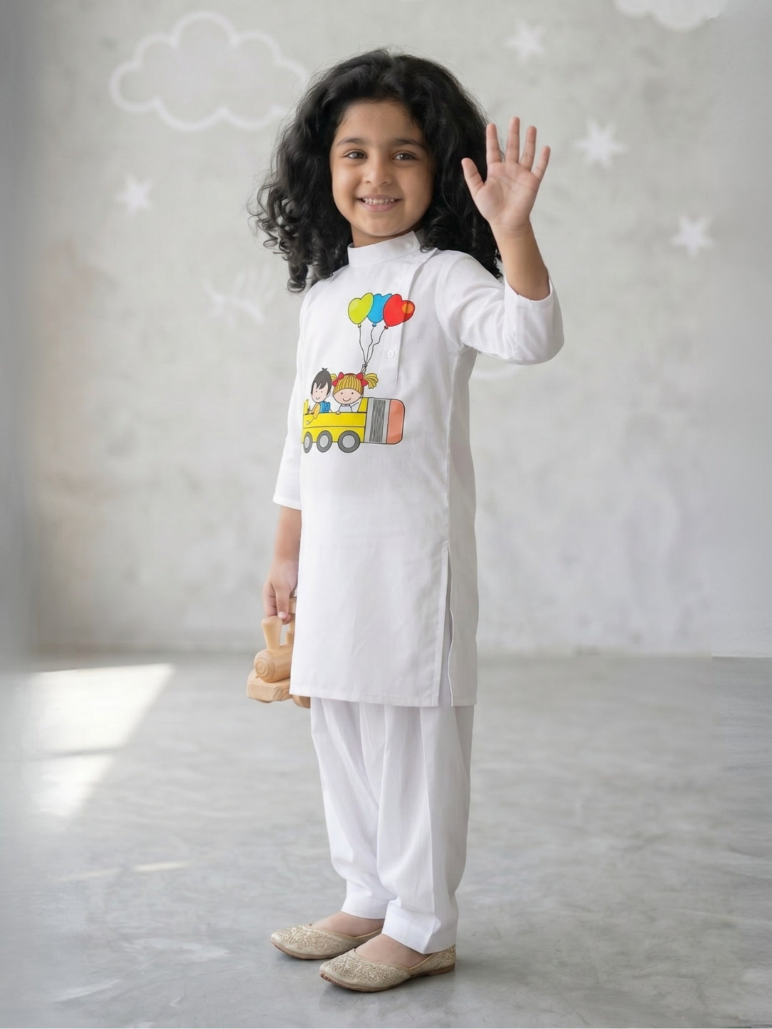[DGKS-MGSP-B] Girls White Ethnic motifs Printed Cotton Kurti Set