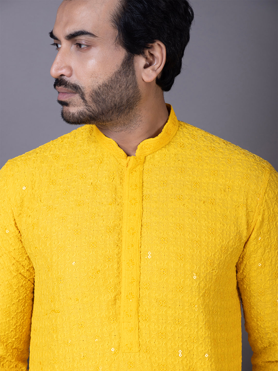 Mens Yellow Chikankari Kurta with Pyjama