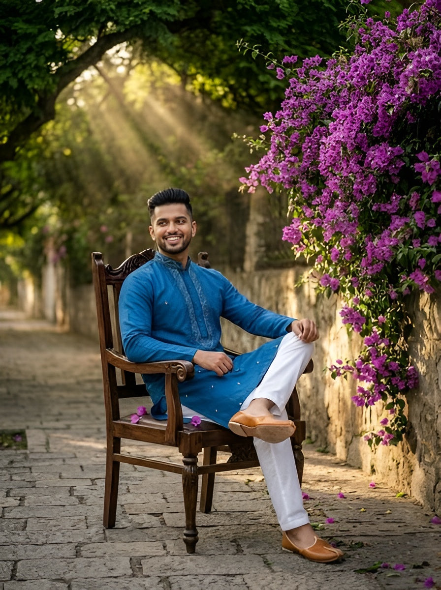 [NW] Men's Blue Embroidered Cotton Silk Kurta Set